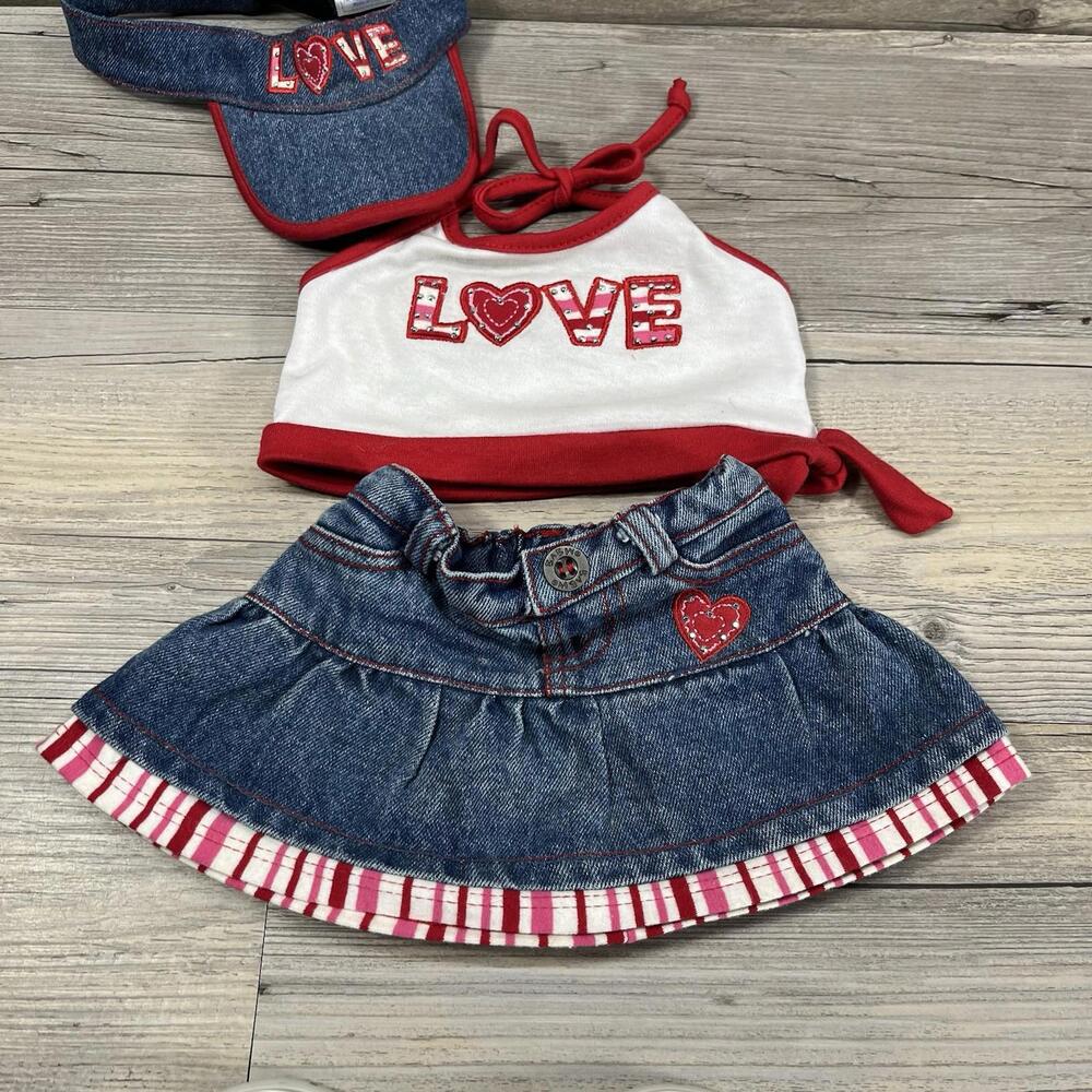 Build A Bear Outfits Denim Jean Skirt Skechers Shoes Love Red White Blue Visor - Picture 8 of 9